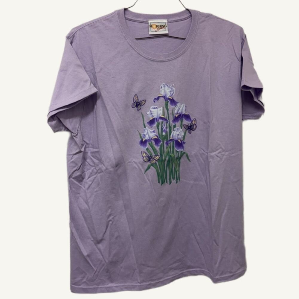 Morning Sun Women's XL Purple Floral Butterfly T-Shirt - 100% Cotton, Pre-shrunk